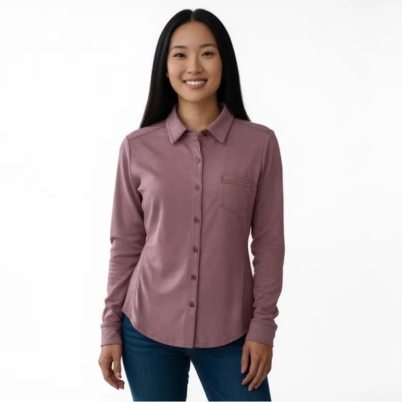 Prana Tops - Prana, Women’s Button Down Shirt, Very Small Mauve&White Horizontal Stripes. Med
